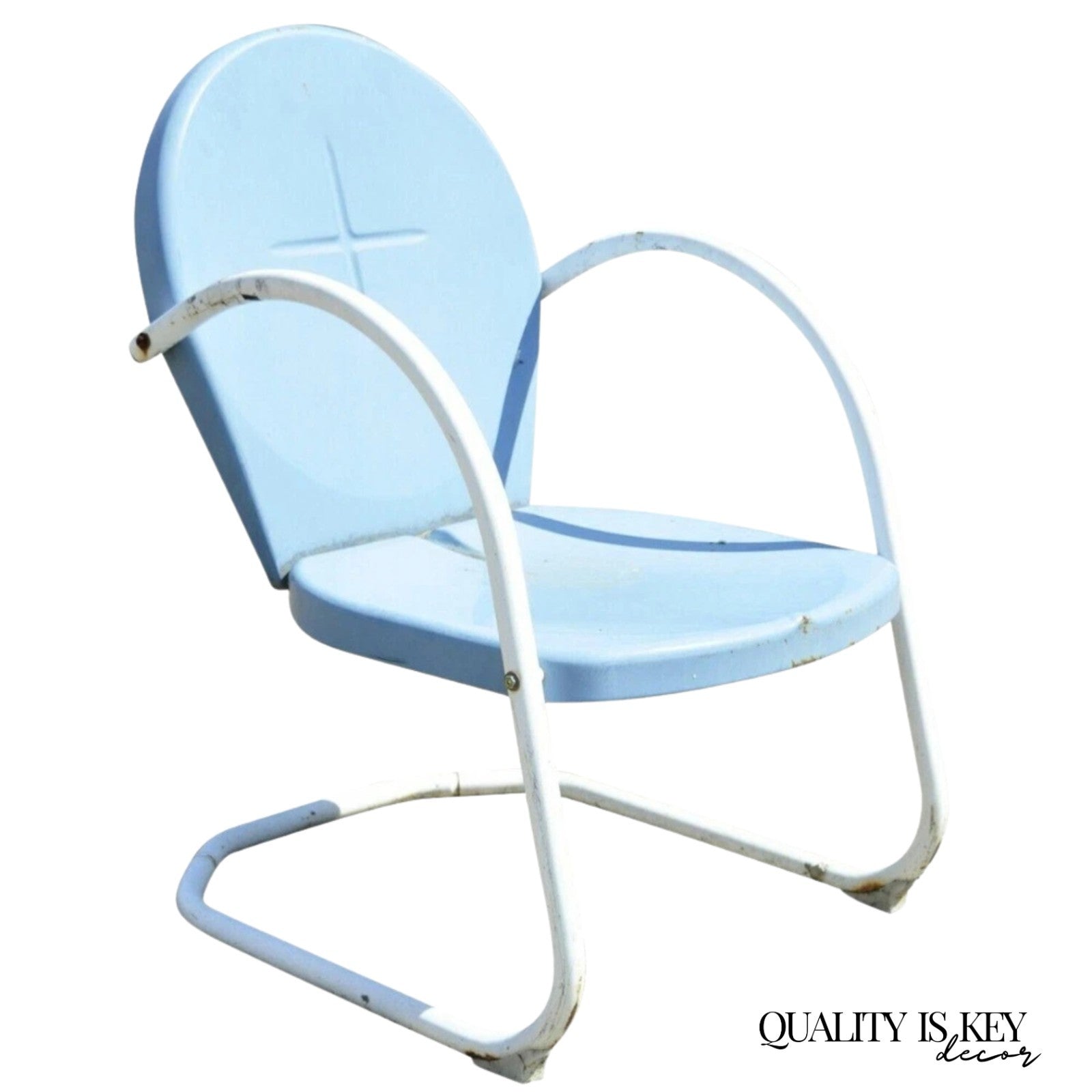 Antique Art Deco Steel Metal Vintage Blue Garden Patio Outdoor Lounge Chair