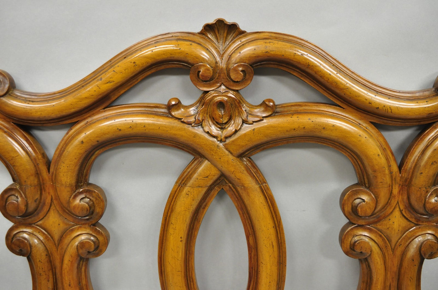 French Country Provincial Carved Fruitwood Walnut Scrolling Queen Bed Headboard