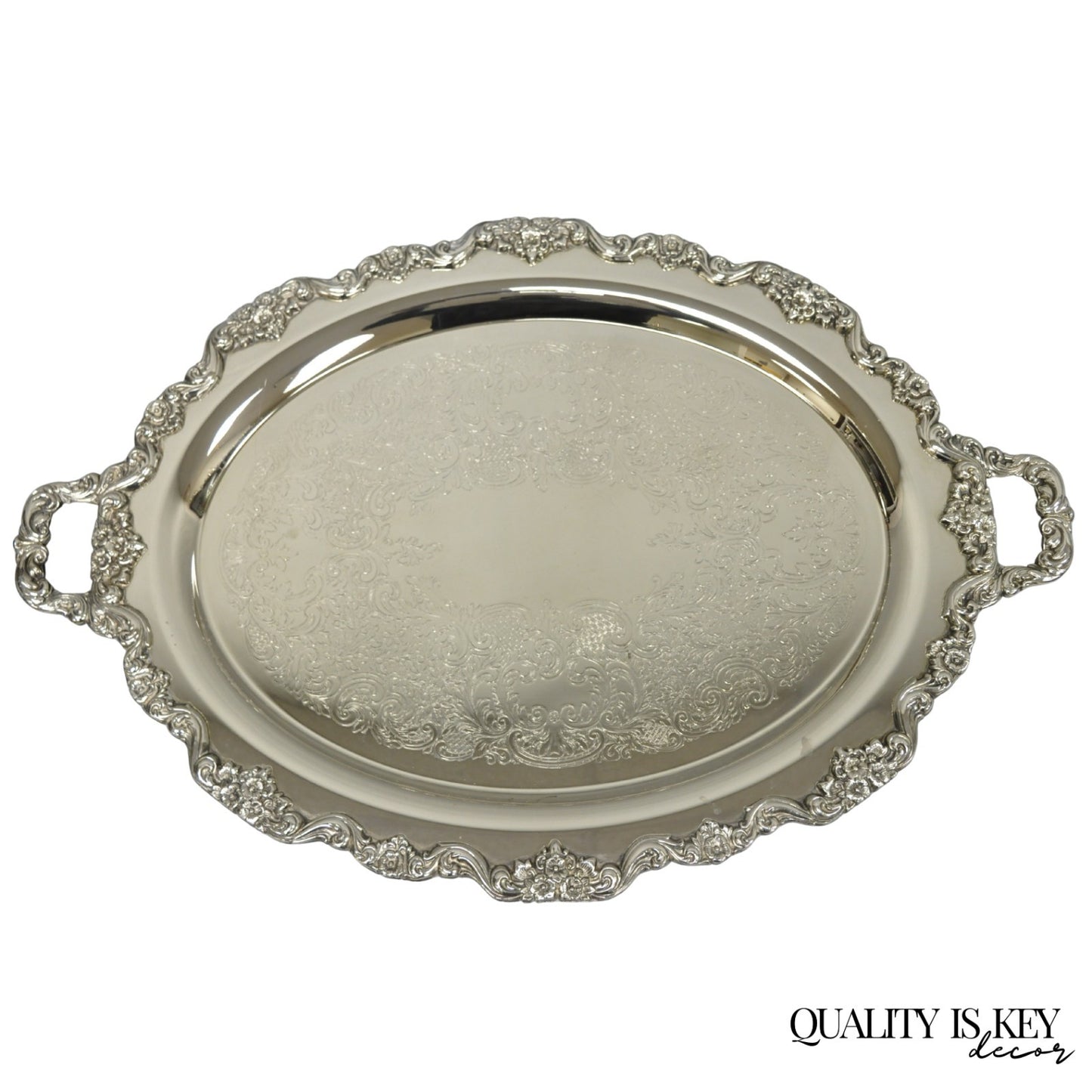 Vintage Extra Large Oval Silver Plated Serving Platter Bar Tray w/ Smoked Finish