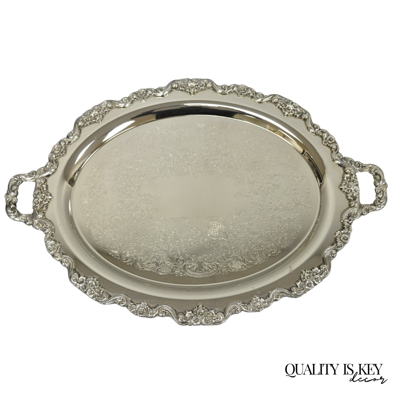 Vintage Extra Large Oval Silver Plated Serving Platter Bar Tray w/ Smoked Finish