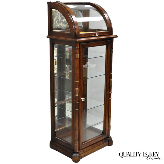 Victorian Style Cherry Wood Curved Glass Lighted Narrow Curio Display Cabinet