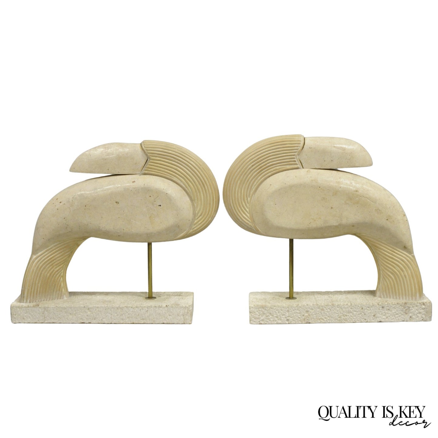 Vintage Modern Tessellated Travertine Marble Stone Toucan Bird Sculpture - Pair