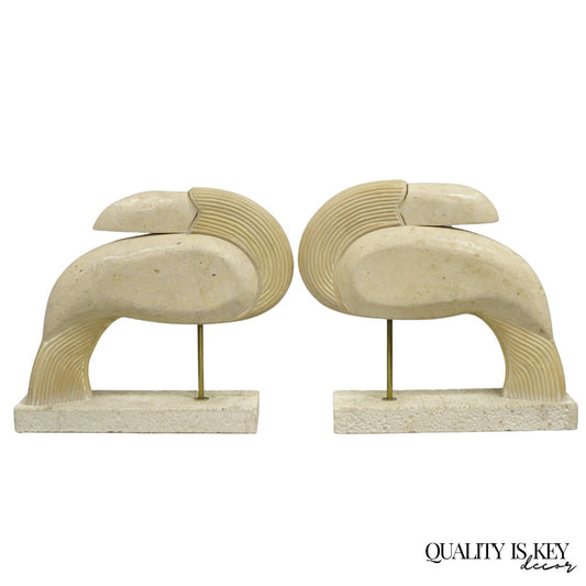 Vintage Modern Tessellated Travertine Marble Stone Toucan Bird Sculpture - Pair