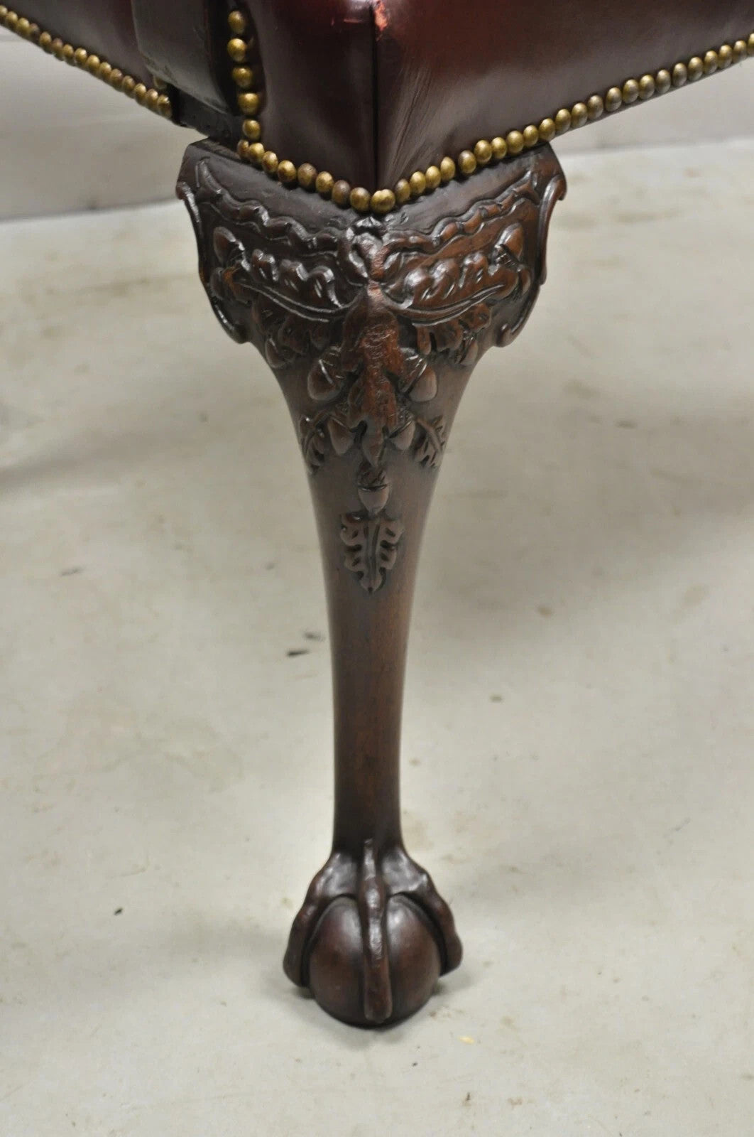 Antique Chippendale Georgian Carved Mahogany Ball and Claw Leather Arm Chair