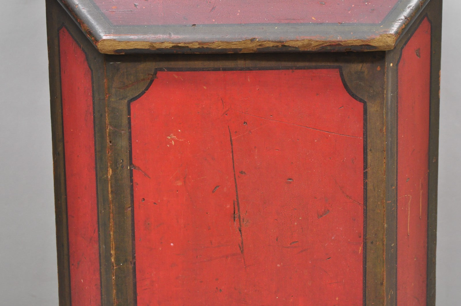 Antique British Colonial Red Painted Wooden Store Tea Coffee Bin w/ Asian Symbol