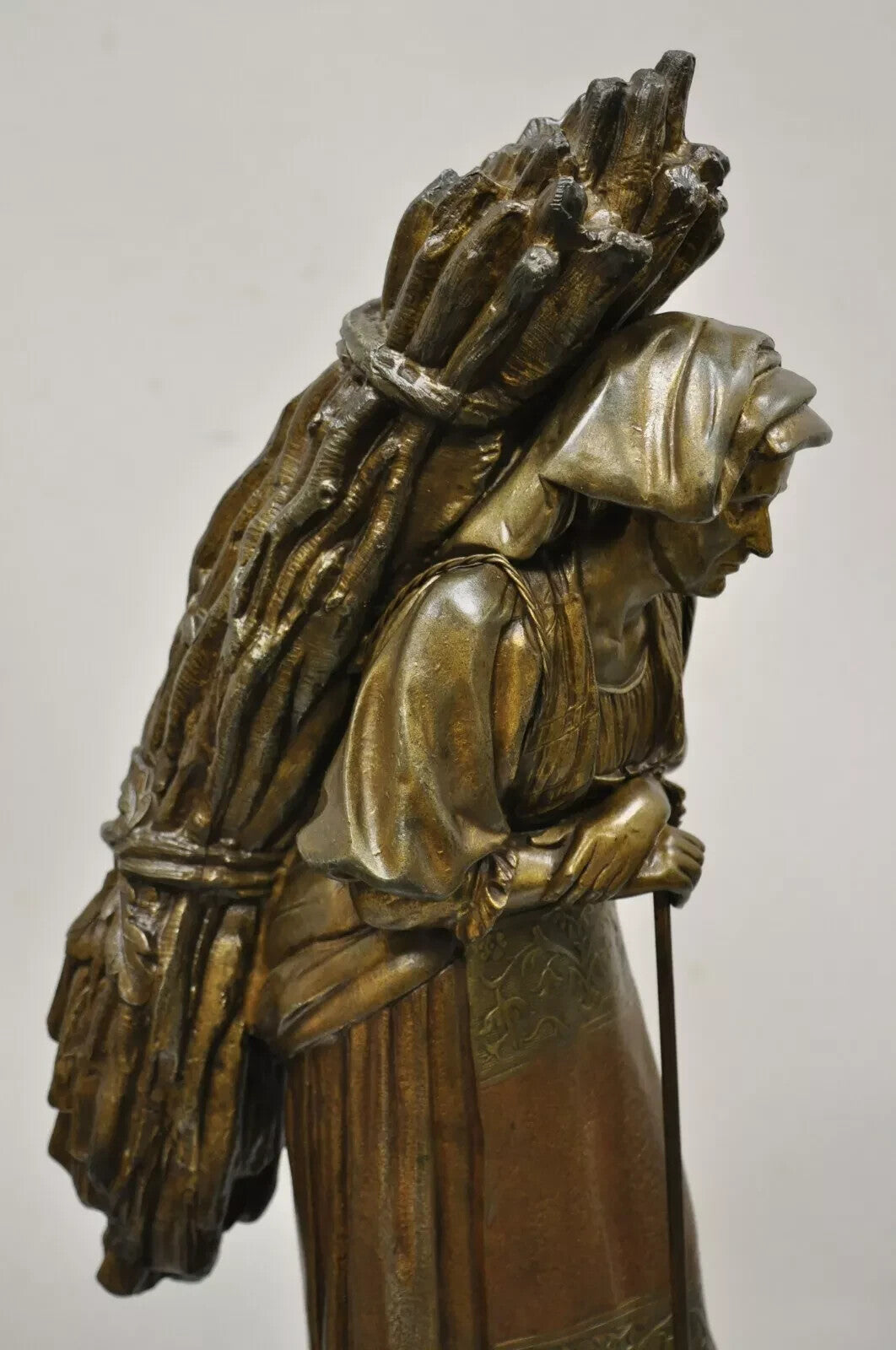 Antique Hiver French Spelter Sculpture Statue of Woman Carrying Bundle of Sticks