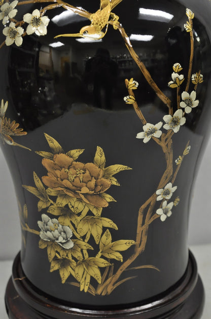 Vintage Chinoiserie Oriental Chinese Black Porcelain Large Ginger Jar Table Lamp