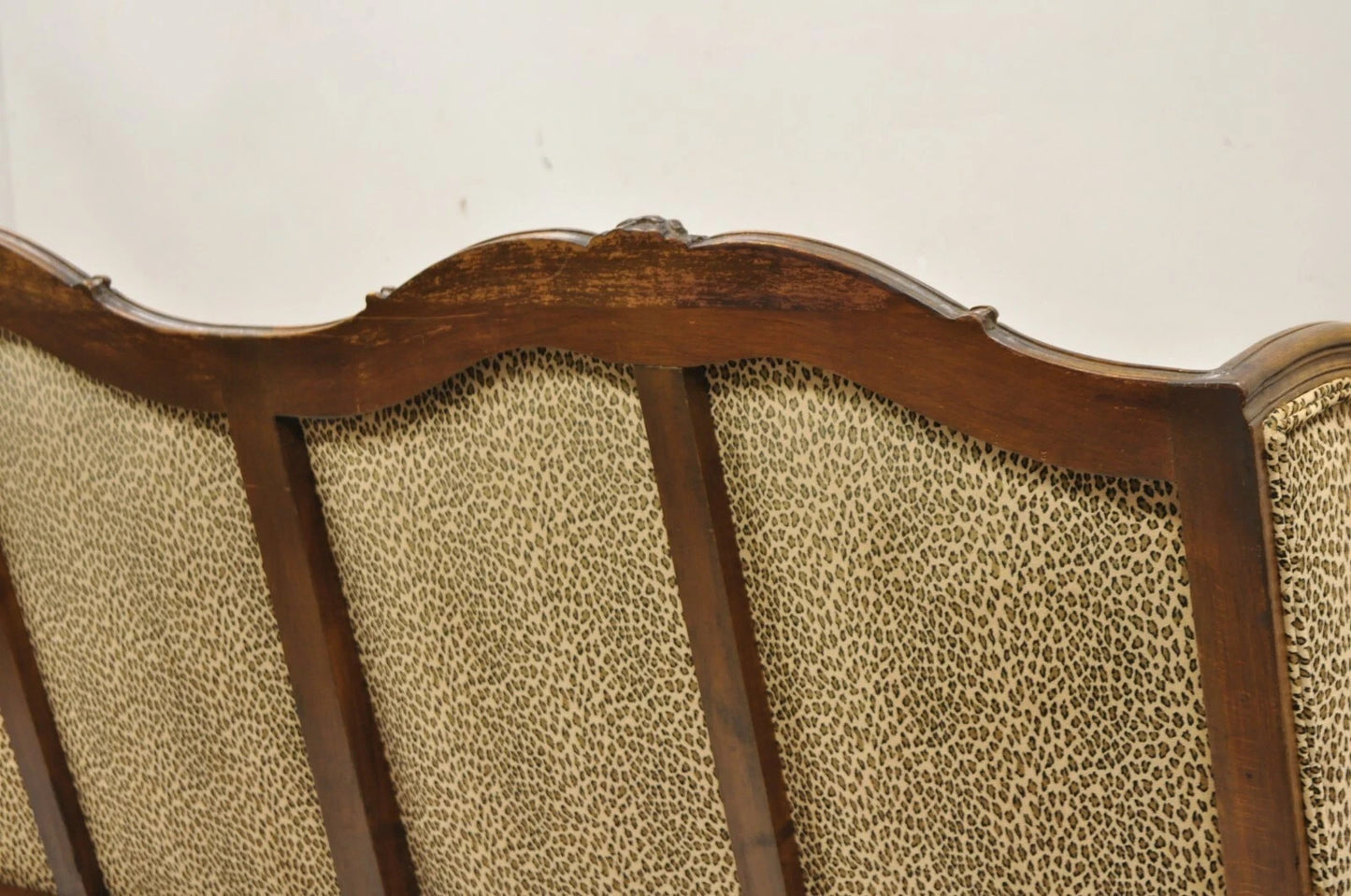Vintage French Country Louis XV Carved Walnut Cheetah Print Wingback Sofa Settee