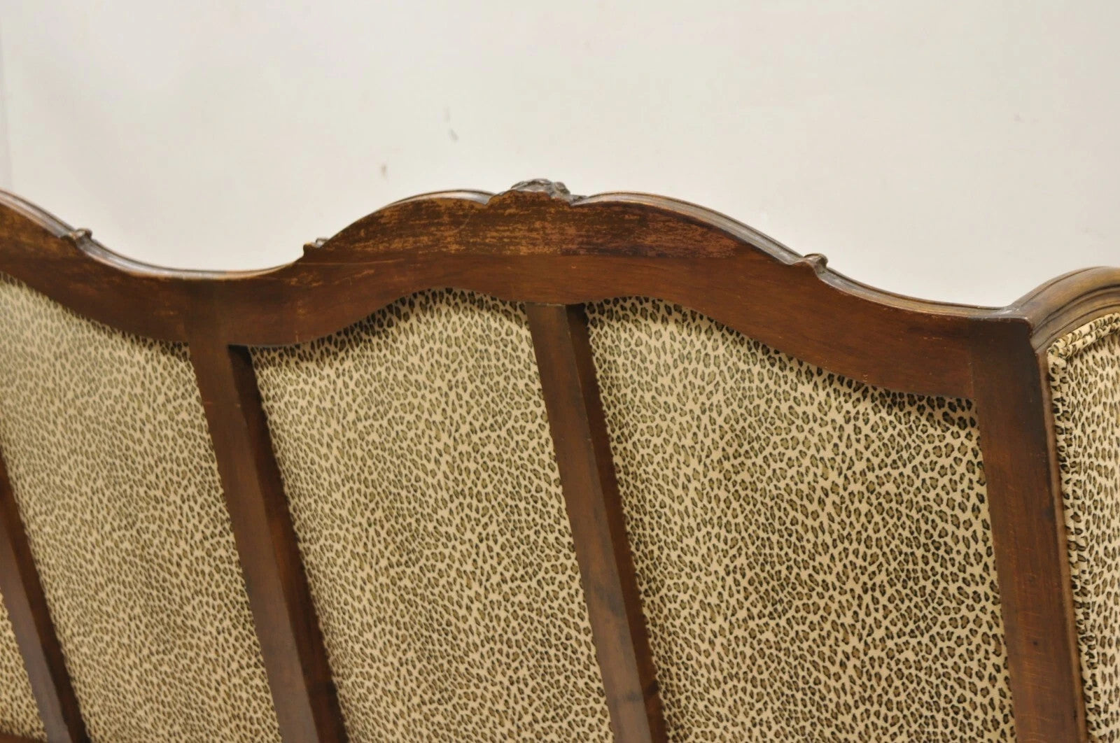 Vintage French Country Louis XV Carved Walnut Cheetah Print Wingback Sofa Settee