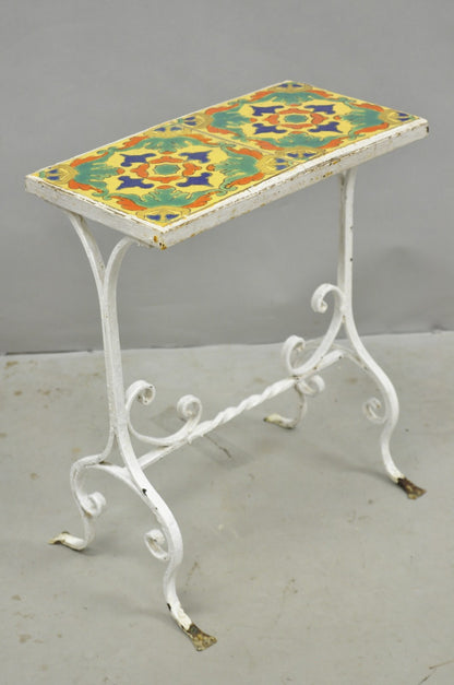 Antique Arts & Crafts Wrought Iron Side Table w/ Catalina California Tile Top