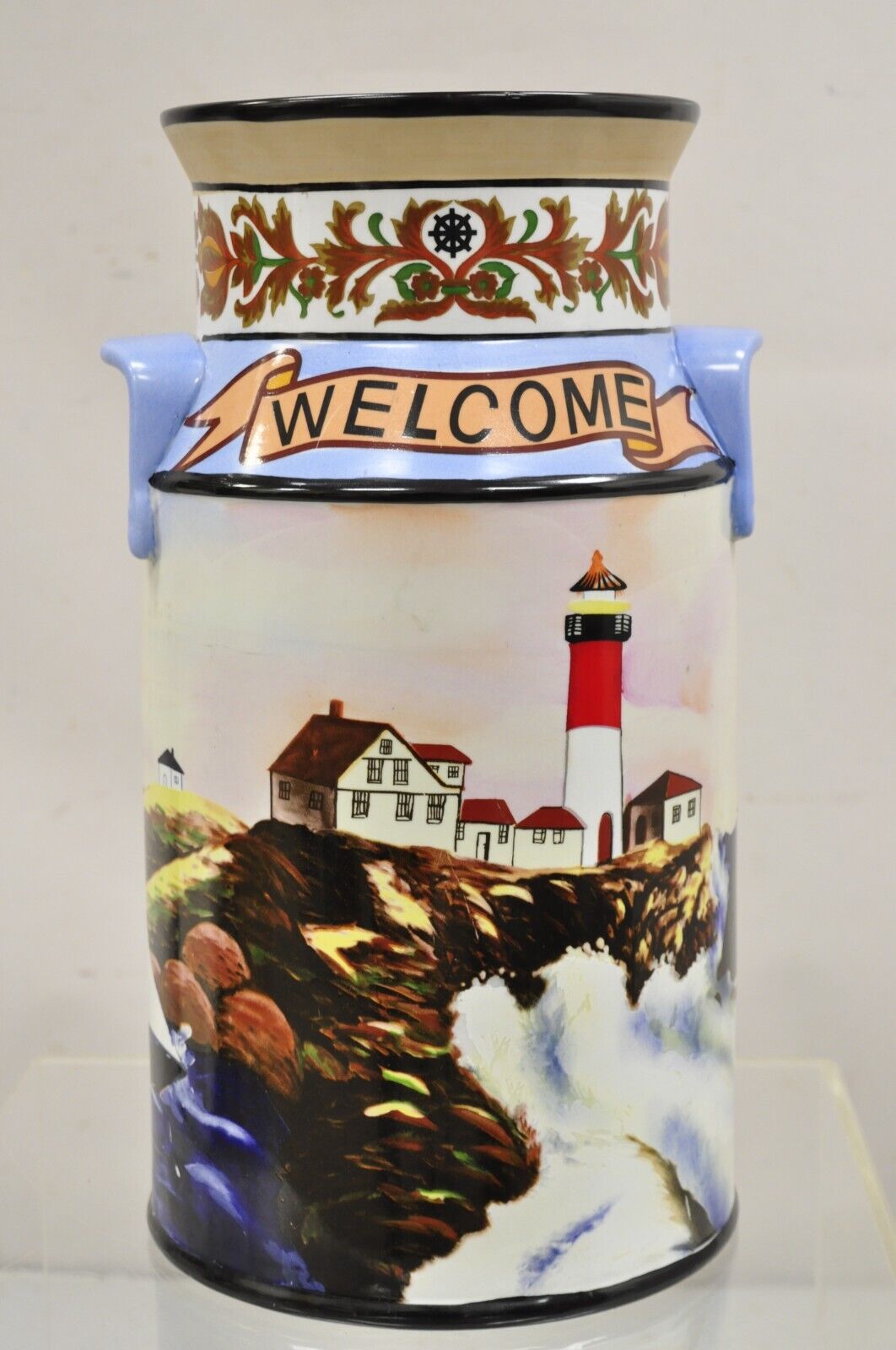 Vintage Nautical Painted Lighthouse and Flag Ceramic Umbrella Cane Holder