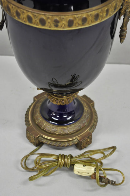 Antique French Empire Cobalt Blue Porcelain Figural Gilt Bronze Urn Table Lamp