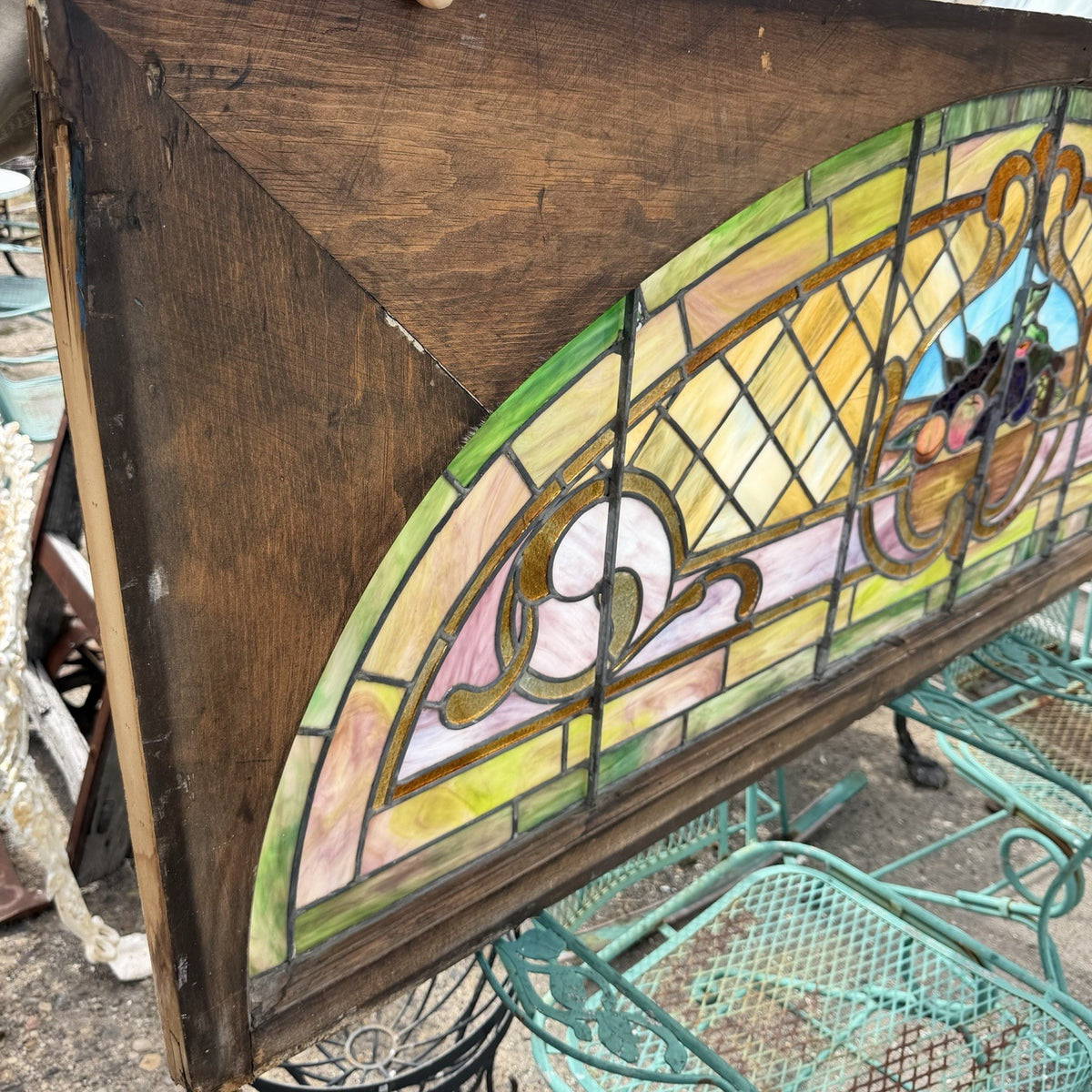 Antique Art Nouveau Colored Stained Glass Fruit 27 x 75 Arched Transom Window, B