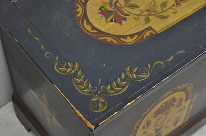 Antique Pennsylvania Dutch Colonial Blue Hand Painted Blanket Chest Trunk