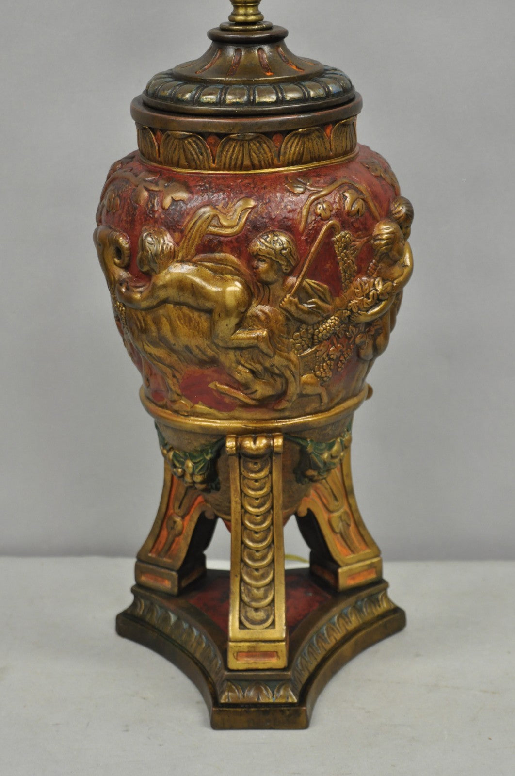 Armor Bronze Co Italian Classical Figural Cherub & Ram Polychrome Urn Table Lamp