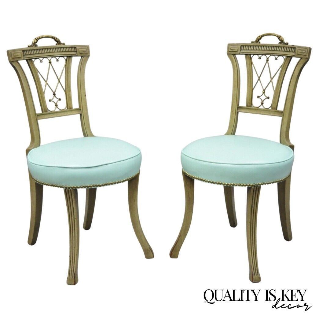 Pair of Carved Mahogany French Regency Style Chairs w/ Brass Handle & Aqua Vinyl