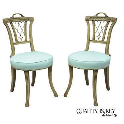 Pair of Carved Mahogany French Regency Style Chairs w/ Brass Handle & Aqua Vinyl