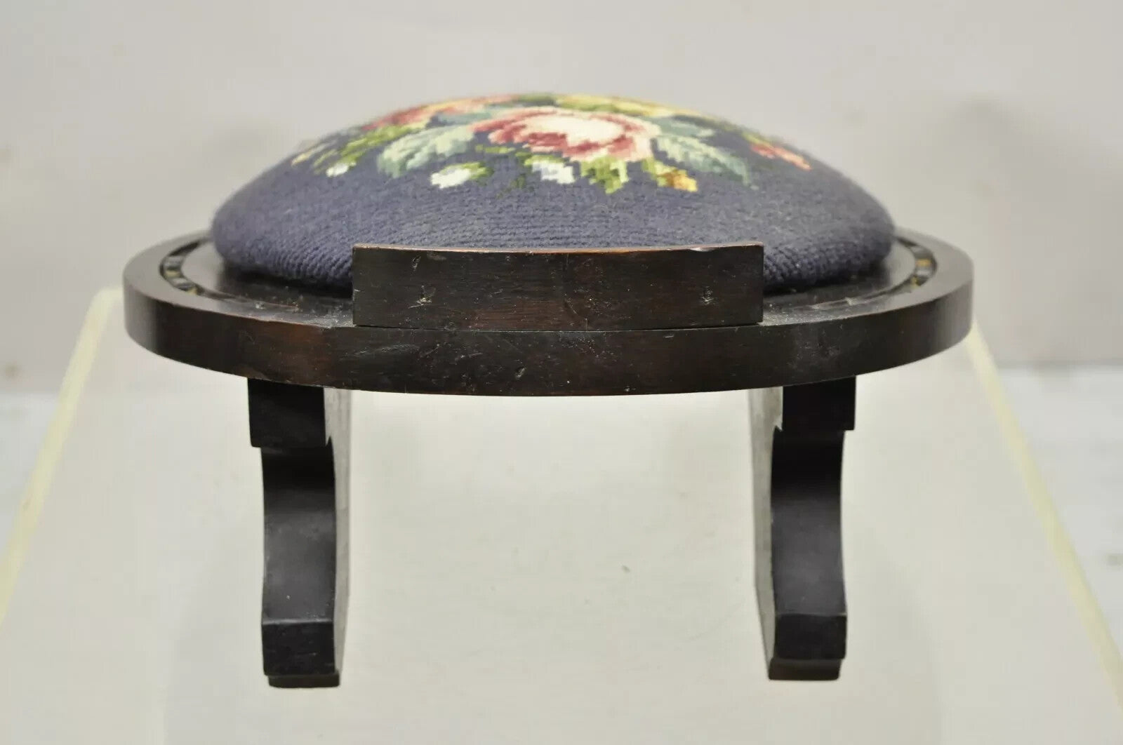 Antique Victorian Mahogany Horseshoe Needlepoint Gout Stool Footstool Ottoman