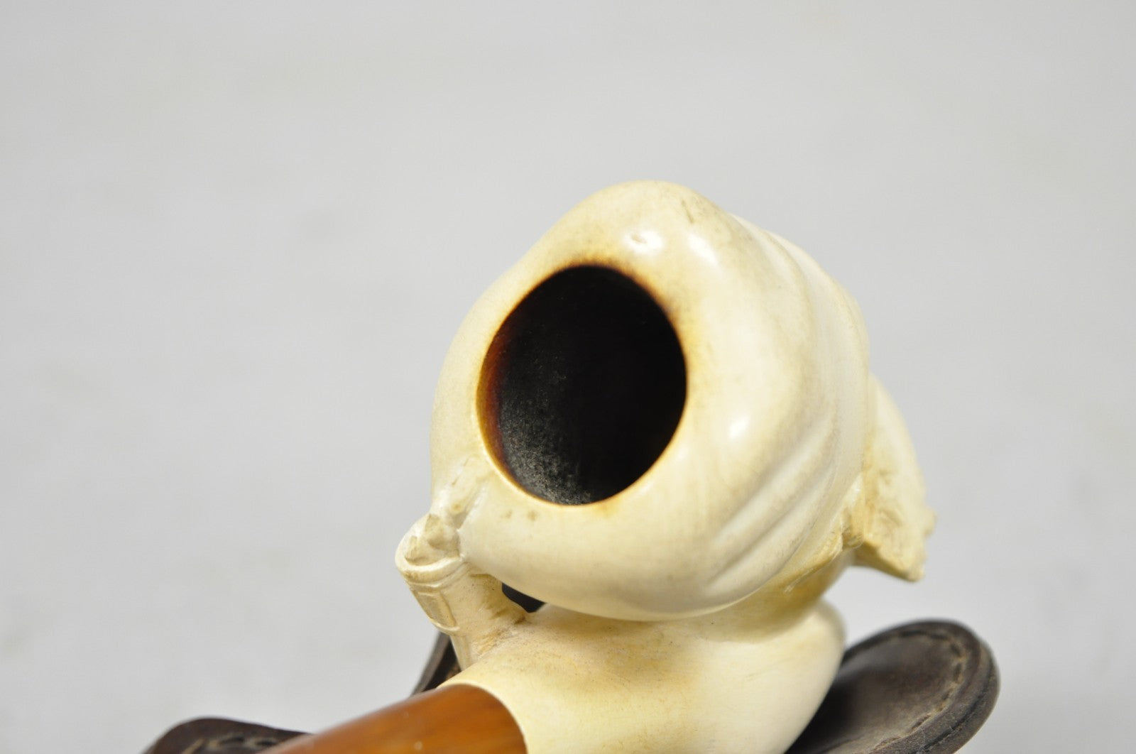 Vintage Turkish Meerschaum Figural Hand Carved Bearded Man Pipe on Walnut Stand
