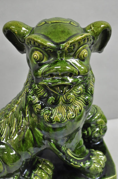 Vintage Chinoiserie Green Majolica Glazed Ceramic 22" Chinese Foo Dog Statue