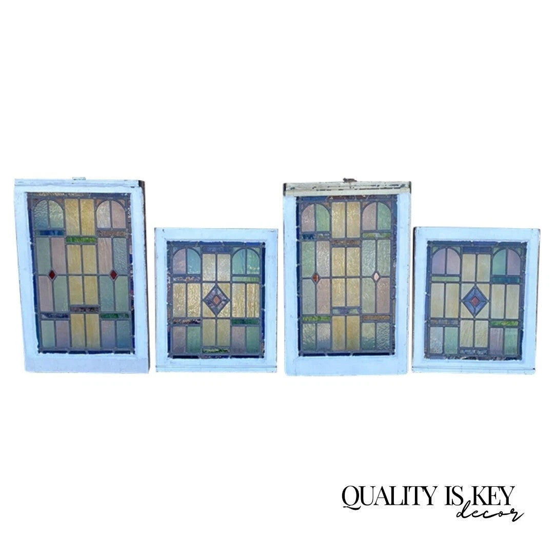 Antique Art Deco Leaded Stained Glass Pink Green Blue Yellow Windows - a Pair