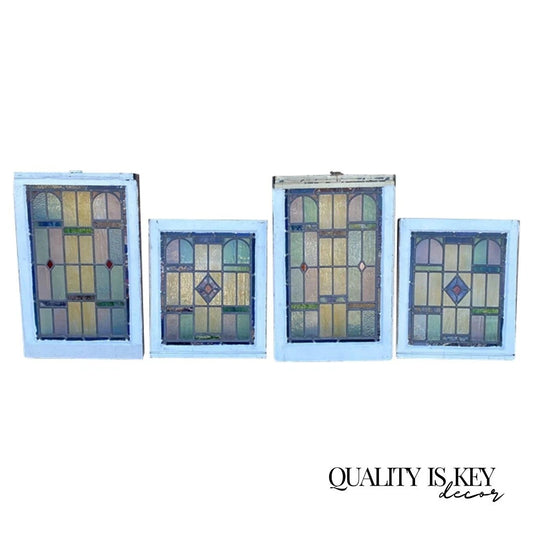 Antique Art Deco Leaded Stained Glass Pink Green Blue Yellow Windows - a Pair