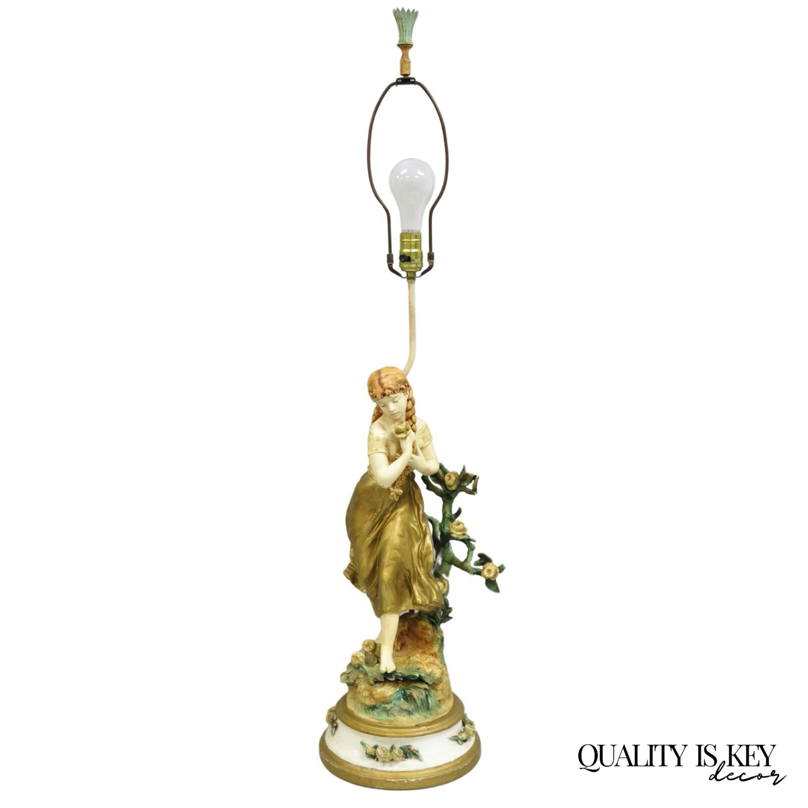 Antique L&F Moreau Spelter Metal Painted Figural "Young Girl" Table Lamp