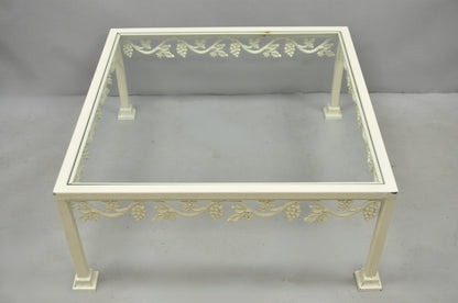 Vintage Woodard Style White Wrought Iron "Grapevine" Square Glass Coffee Table