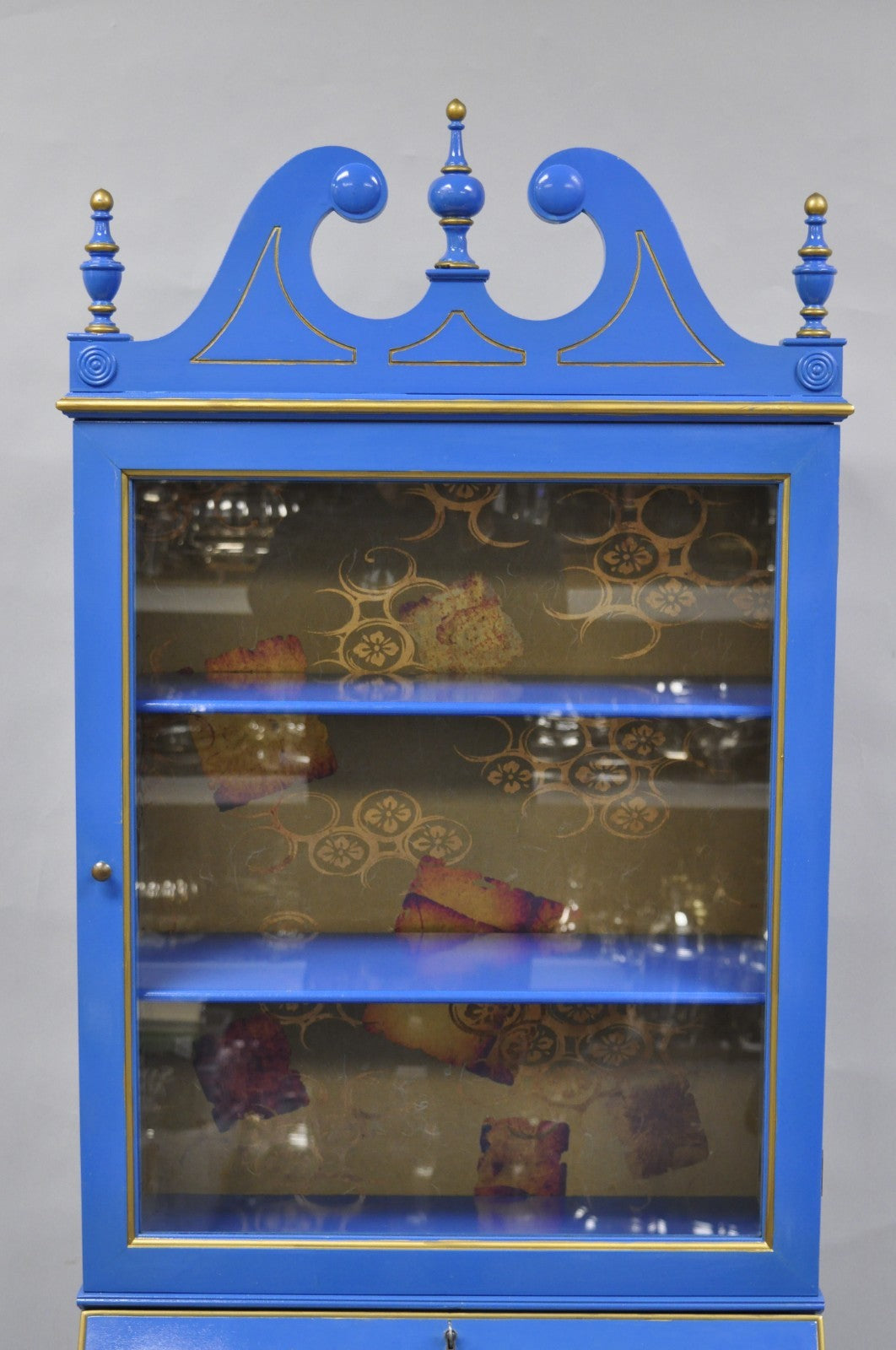 Vintage Chinoiserie Blue Hand Painted Gold Gilt Narrow Bookcase Secretary Desk