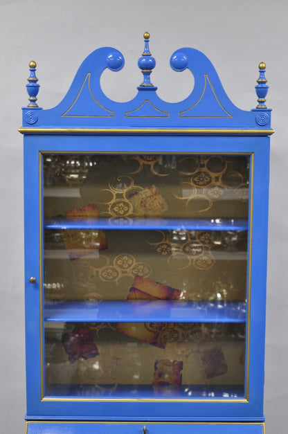 Vintage Chinoiserie Blue Hand Painted Gold Gilt Narrow Bookcase Secretary Desk