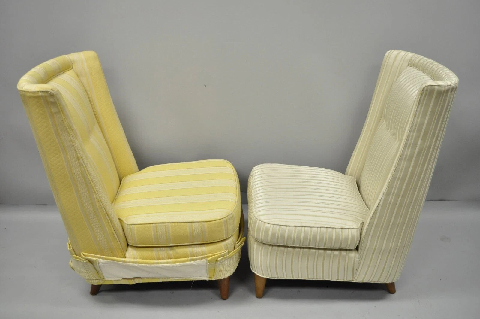 Paul Laszlo Mid Century Modern Upholstered Barrel Back Slipper Lounge Chair Pair