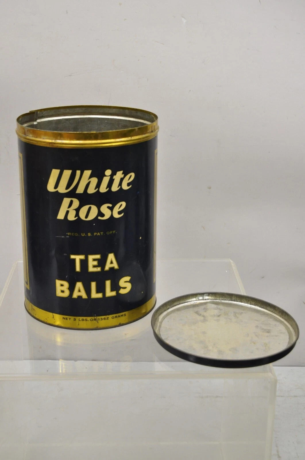 Vintage Art Deco White Rose Tea Balls 3 lb Tin Metal Container Can Advertisement