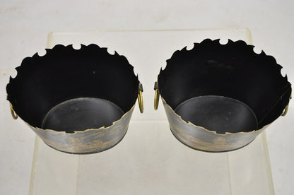 Scalloped Italian Hand Painted Toleware Chinoiserie Black Metal Planter - A Pair