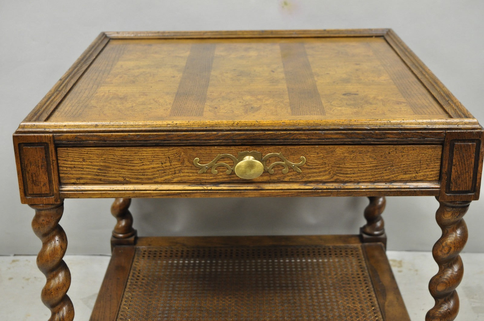 Vintage Baker Barley Twist Oak & Burlwood Parquetry Inlay Square Lamp Side Table