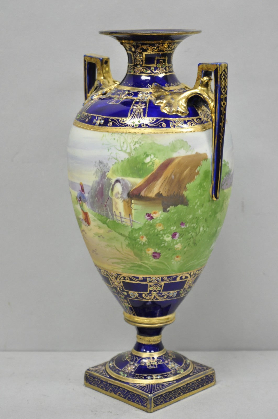 Antique Nippon Hand Painted Cobalt Blue Porcelain Twin Handle Bolted Urn Vase