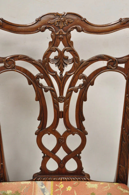 Maitland Smith Georgian Carved Mahogany Needlepoint Dining Arm Chairs - a Pair