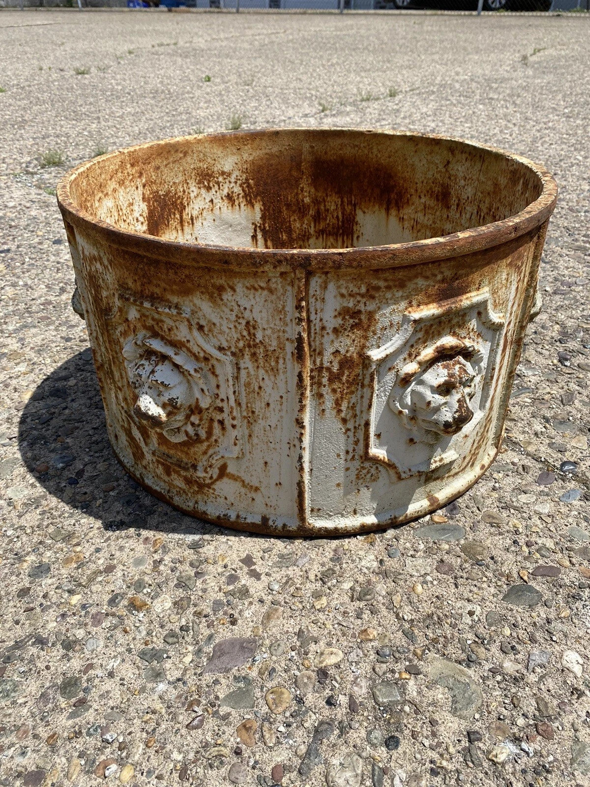 Vintage English Regency Cast Iron 20" Round Lion Heads White Garden Planter Pot