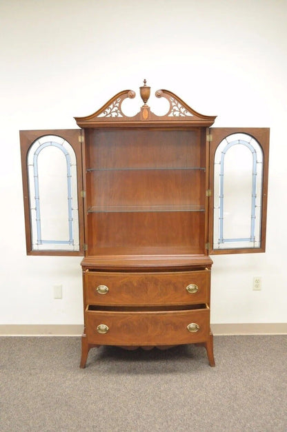 Antique Federal Style Mahogany China Display Cabinet with Stained Glass Doors