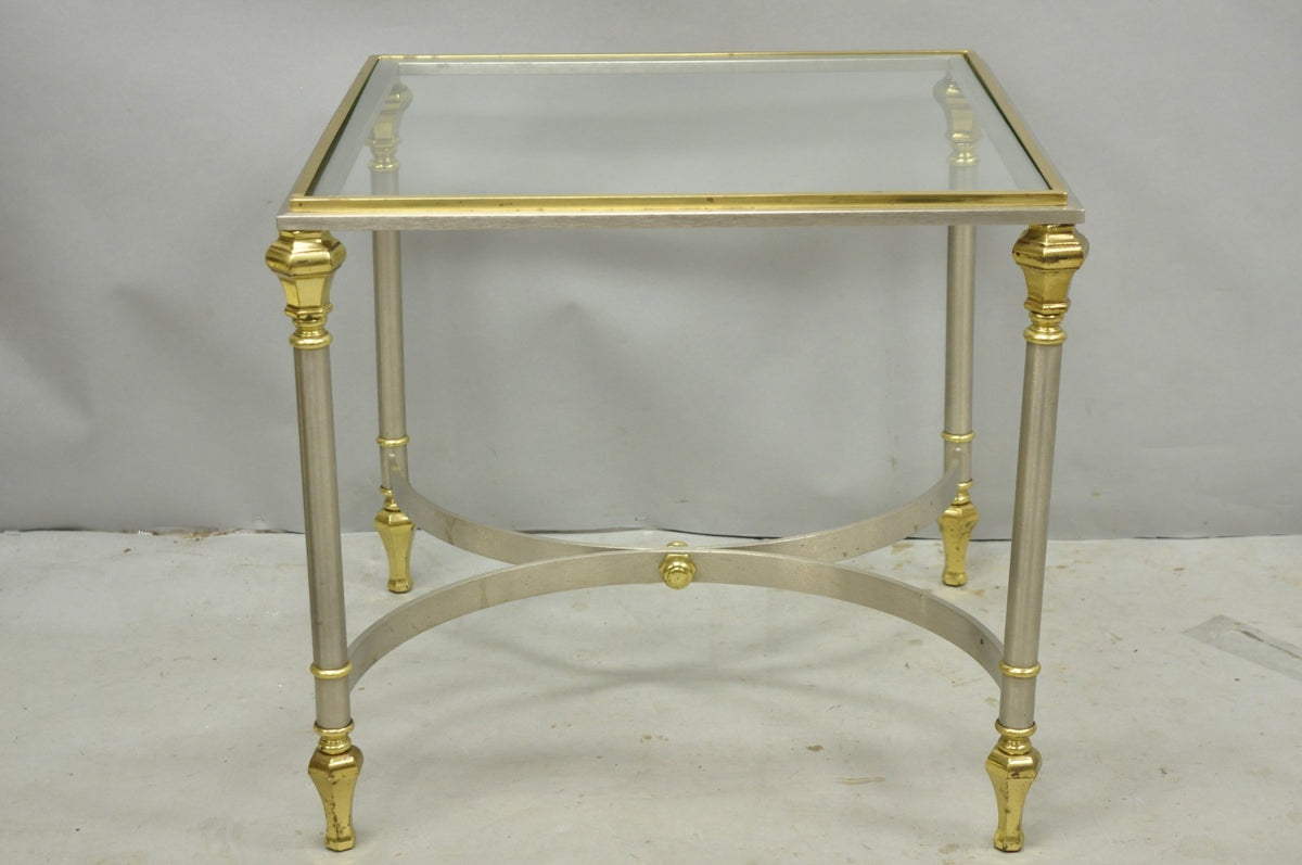 Vintage French Directoire Maison Jansen Style Steel Brass Low Square Side Table