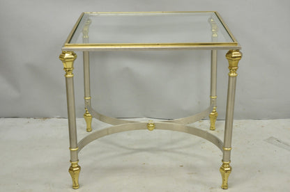 Vintage French Directoire Maison Jansen Style Steel Brass Low Square Side Table