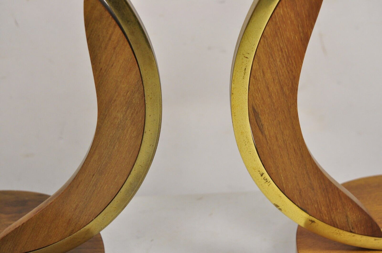 Vintage Mid Century Danish Modern Teak Wood & Brass Sculptural Table Lamp - Pair