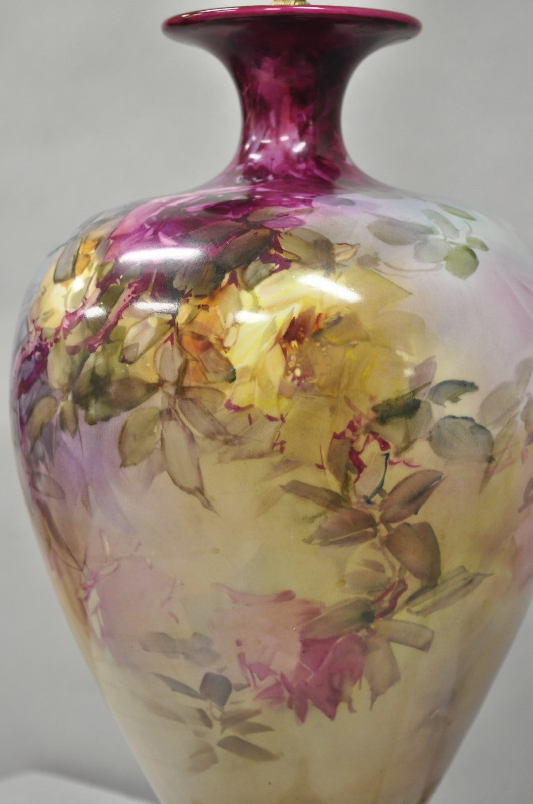 Antique French Paris Porcelain Hand Painted Flowers Bulbous Vase Table Lamp
