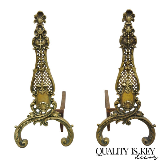 Antique French Rococo Style Bronze Brass Fireplace Andirons - a Pair