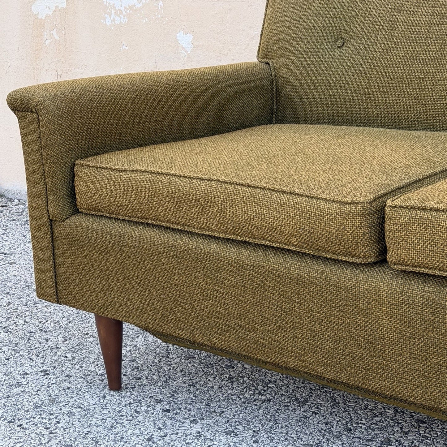 Vintage Mid Century Modern Greenish Brown Tufted 82" Sofa Couch w/ Walnut Legs