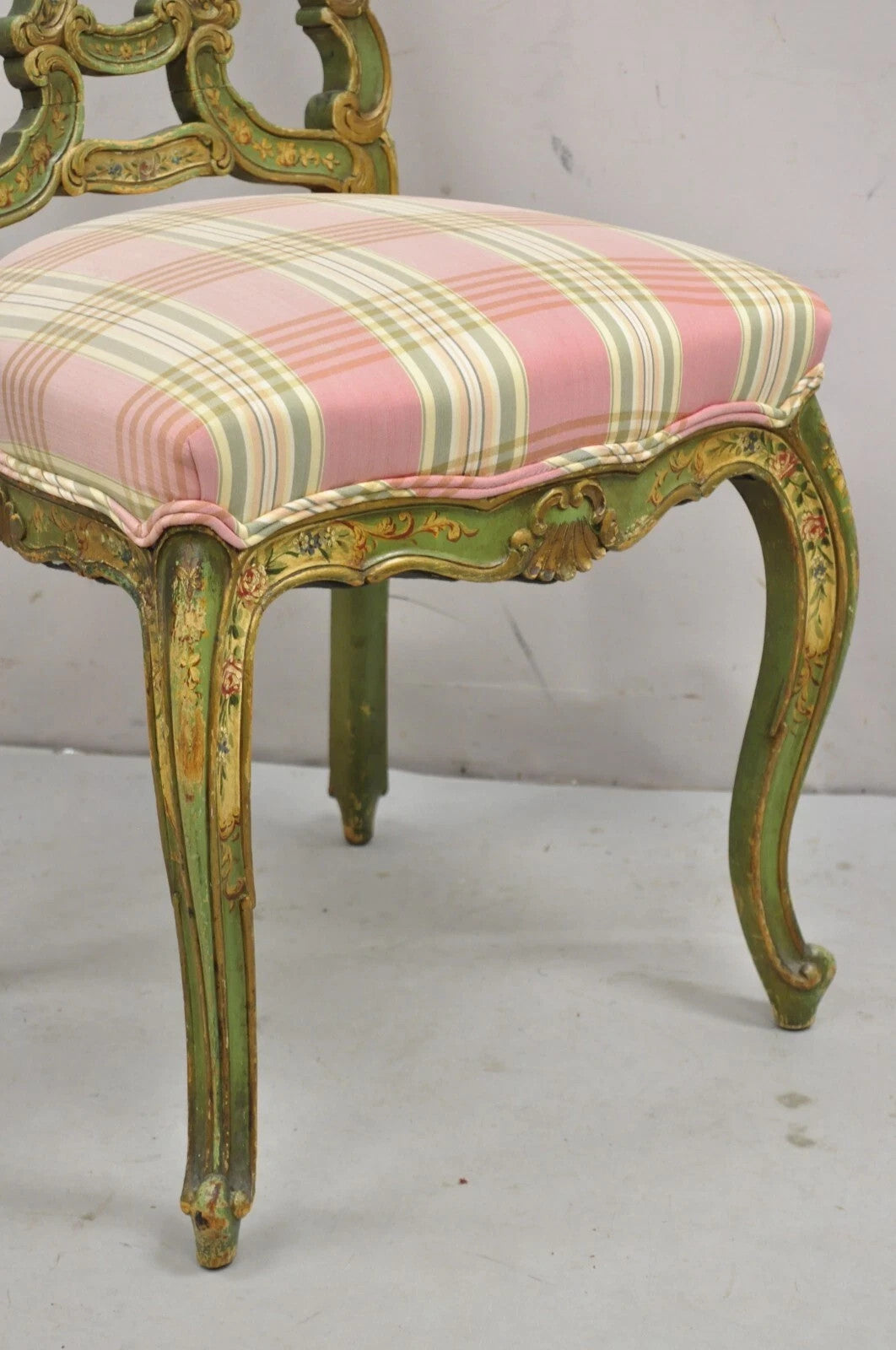 Antique Italian Venetian Green Floral Hand Painted Dining Side Chairs - Set of 4