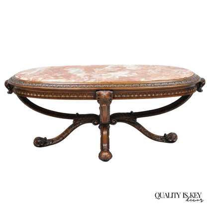 Antique Grosfeld House French Regency Plume Carved Mahogany Marble Coffee Table