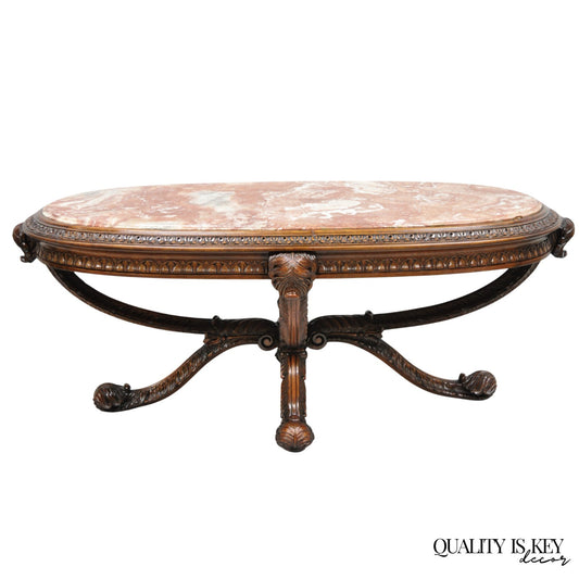 Antique Grosfeld House French Regency Plume Carved Mahogany Marble Coffee Table