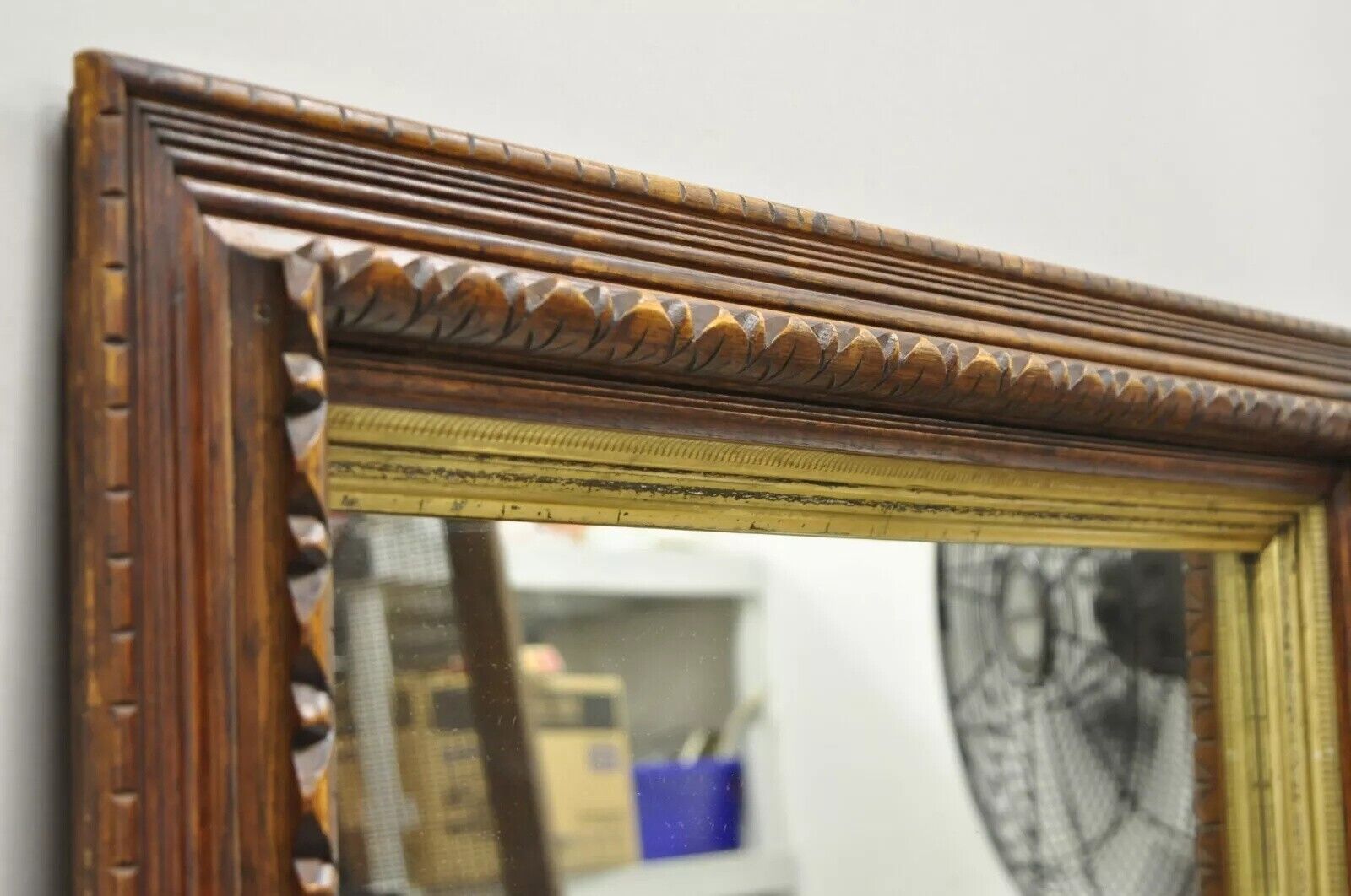 19th C American Victorian Hand Carved Oak Wood Gold Gilt Shadow Box Wall Mirror