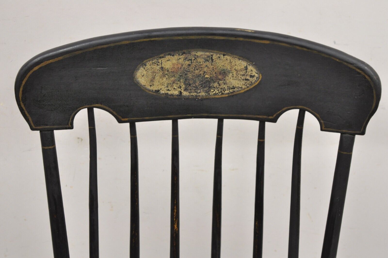 Antique Colonial Stencil Back Black Painted Plank Bottom Rocker Rocking Chair