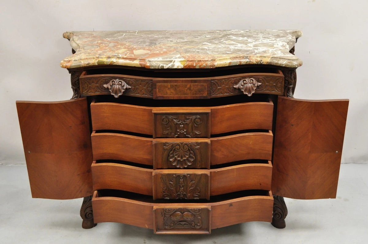 Antique French Louis XV Baroque Burl Walnut Marble Top Commode 5 Drawer Dresser